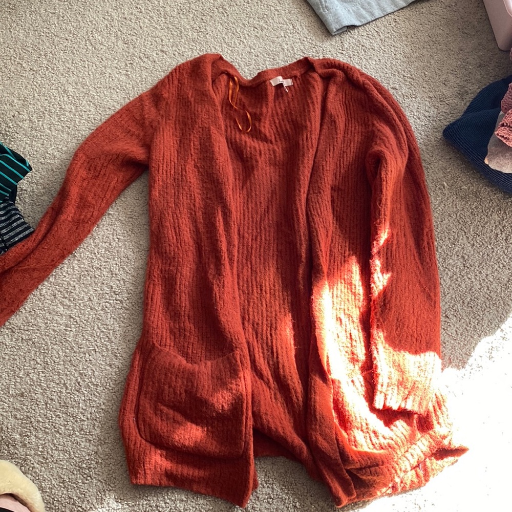 fuzzy cardigan- rust color